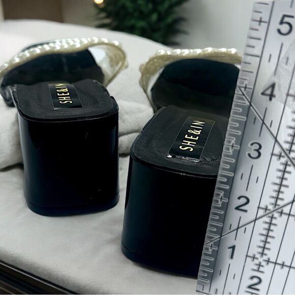 SHEIN l Pearl Endowed Black Heels, Sandals l 2 1/2” heel l 39 l EUC - Picture 3 of 10